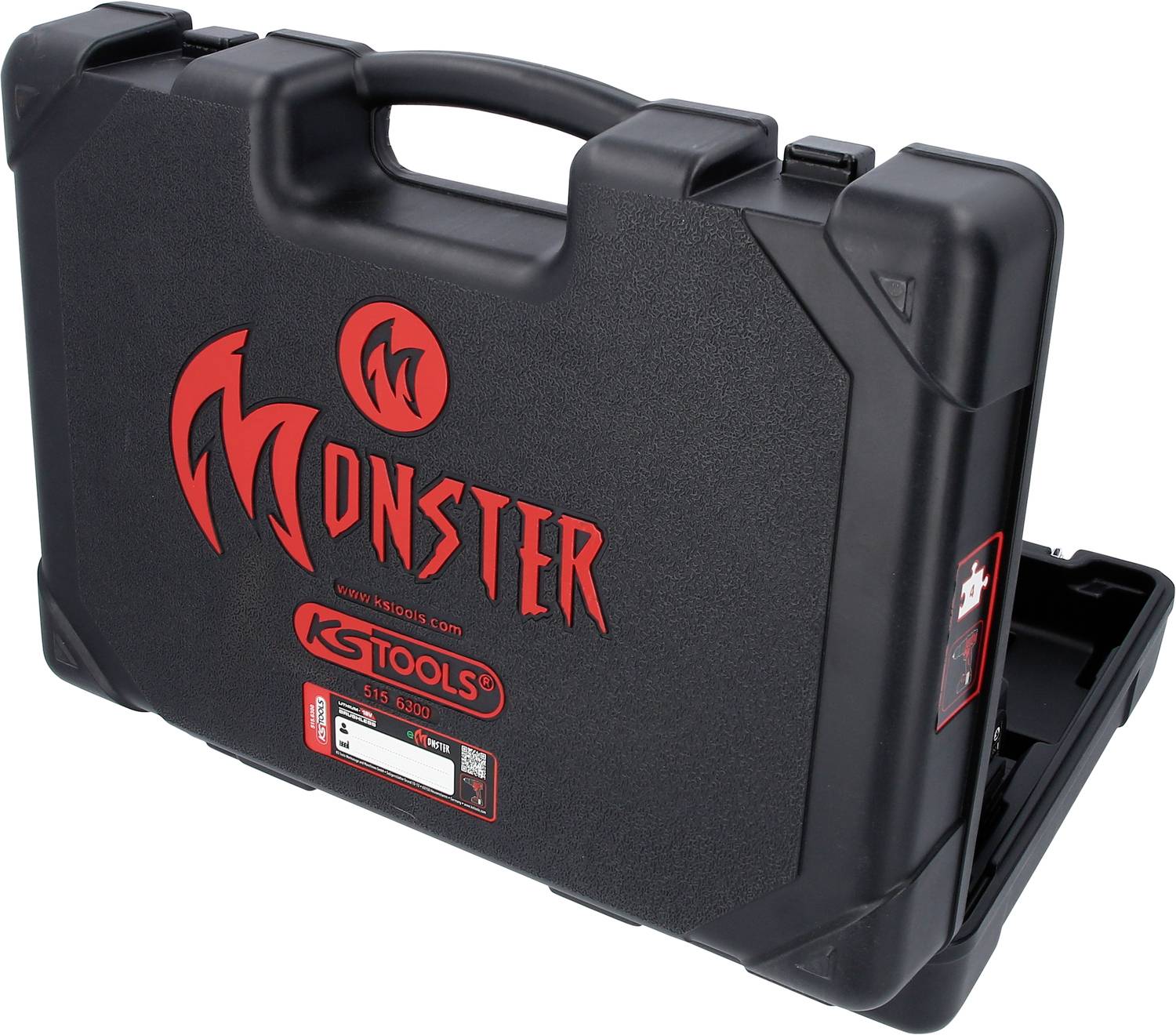 Schwarzer Werkzeugkoffer mit rotem 'Monster' Logo und KS Tools Schriftzug; robustes Design; für die Aufbewahrung von Werkzeugen.