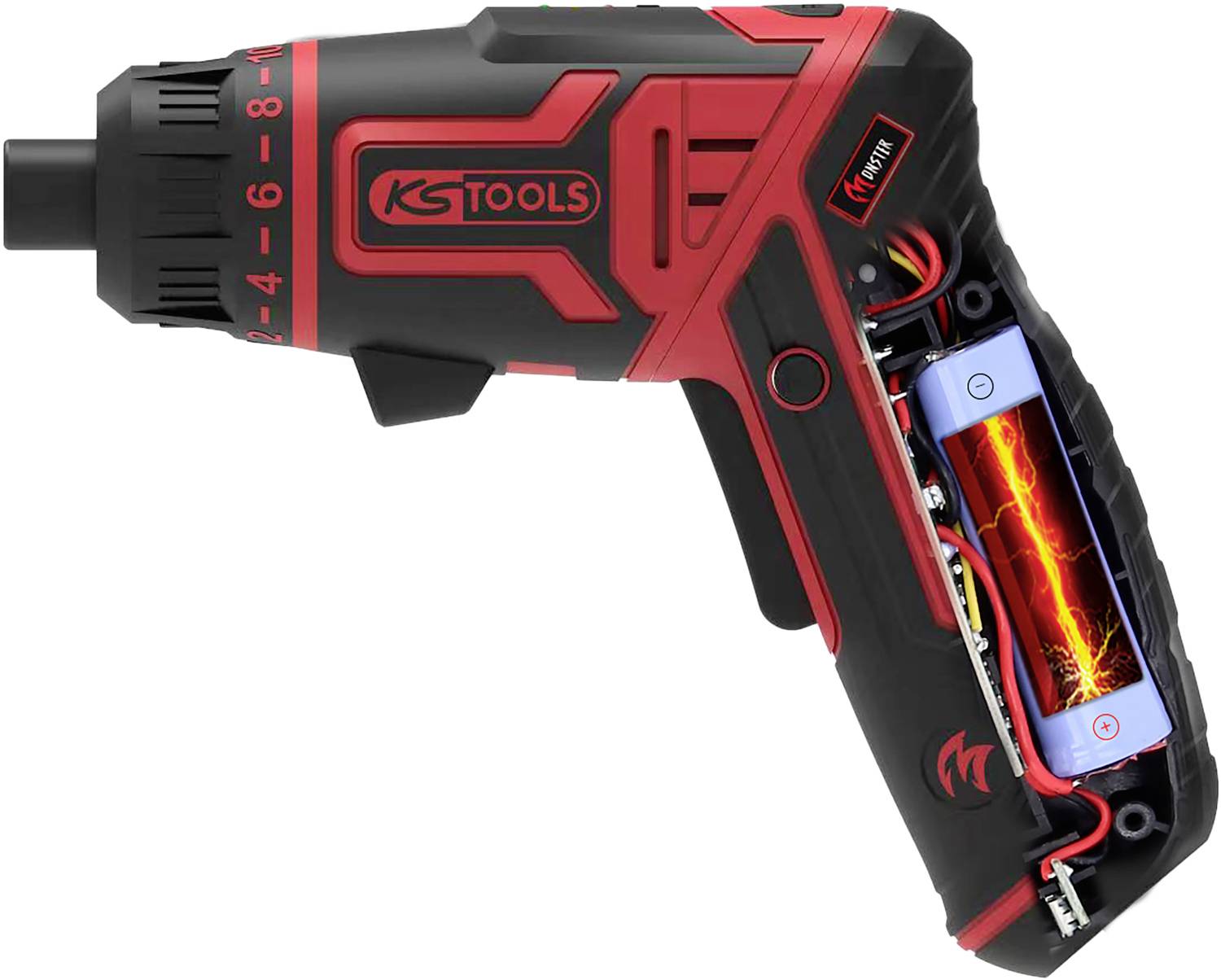 Akkuschrauber von KS Tools mit transparentem Gehäuse zeigt integrierte Batterie und Elektronik. Schwarzes und rotes Design.