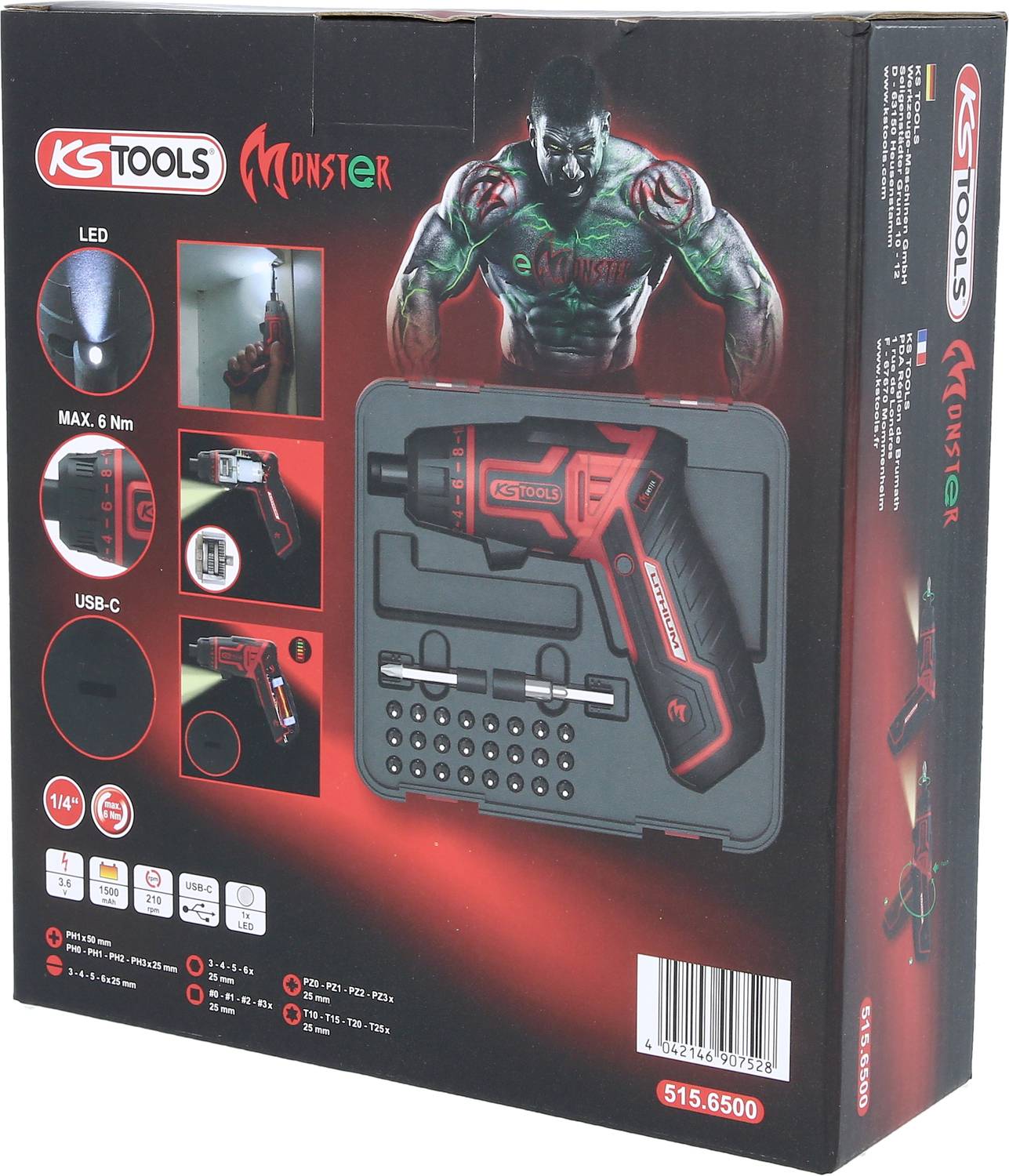 KS Tools Monster Akkuschrauber-Set im Koffer. Enthält LED-Licht, max. 6 Nm Drehmoment, USB-C-Ladeanschluss. Für 14+ Jahre geeignet.