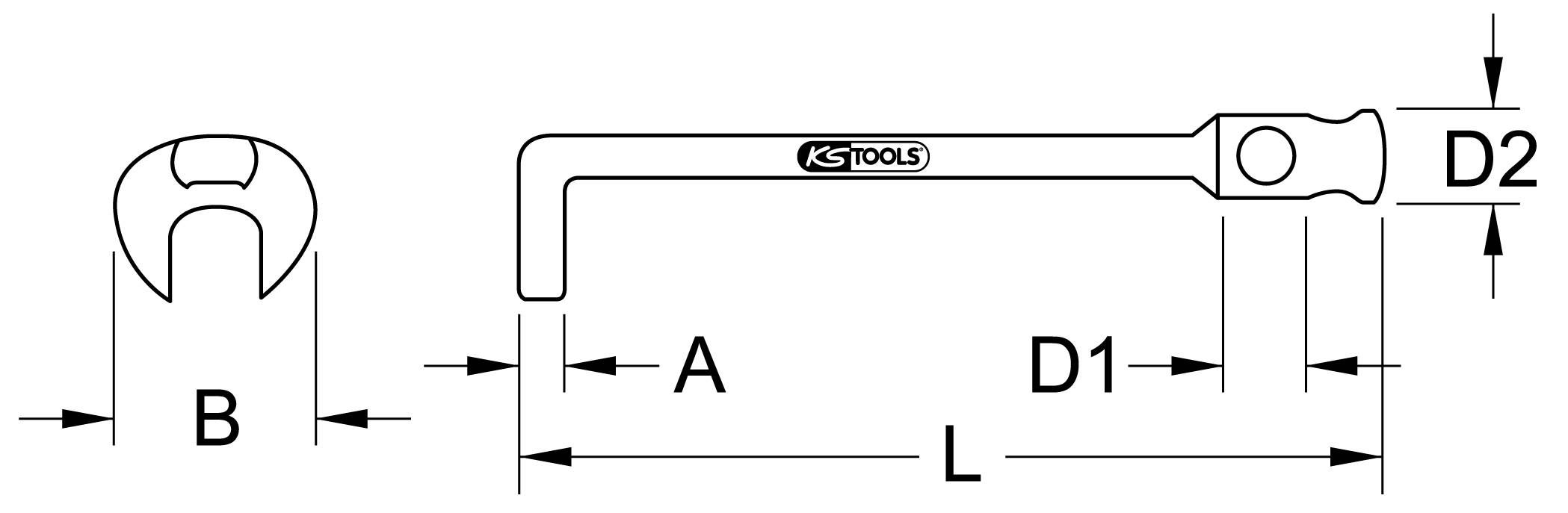 Technische Zeichnung eines Winkelschlüssels mit Maßen: Länge (L), Schaftdurchmesser (D1), Kopfbreite (B), Kopfdurchmesser (D2).