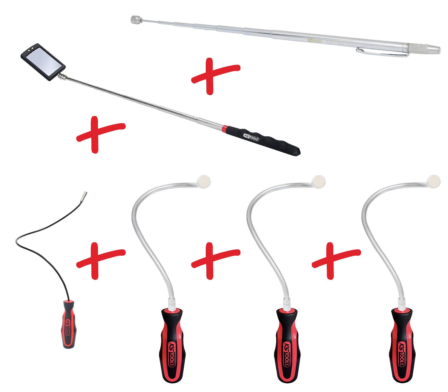 Ein Set von fünf flexiblen Werkzeugen zur Inspektion und Bergung, bestehend aus einem Teleskopspiegel und vier verschiedenen Greifwerkzeugen.