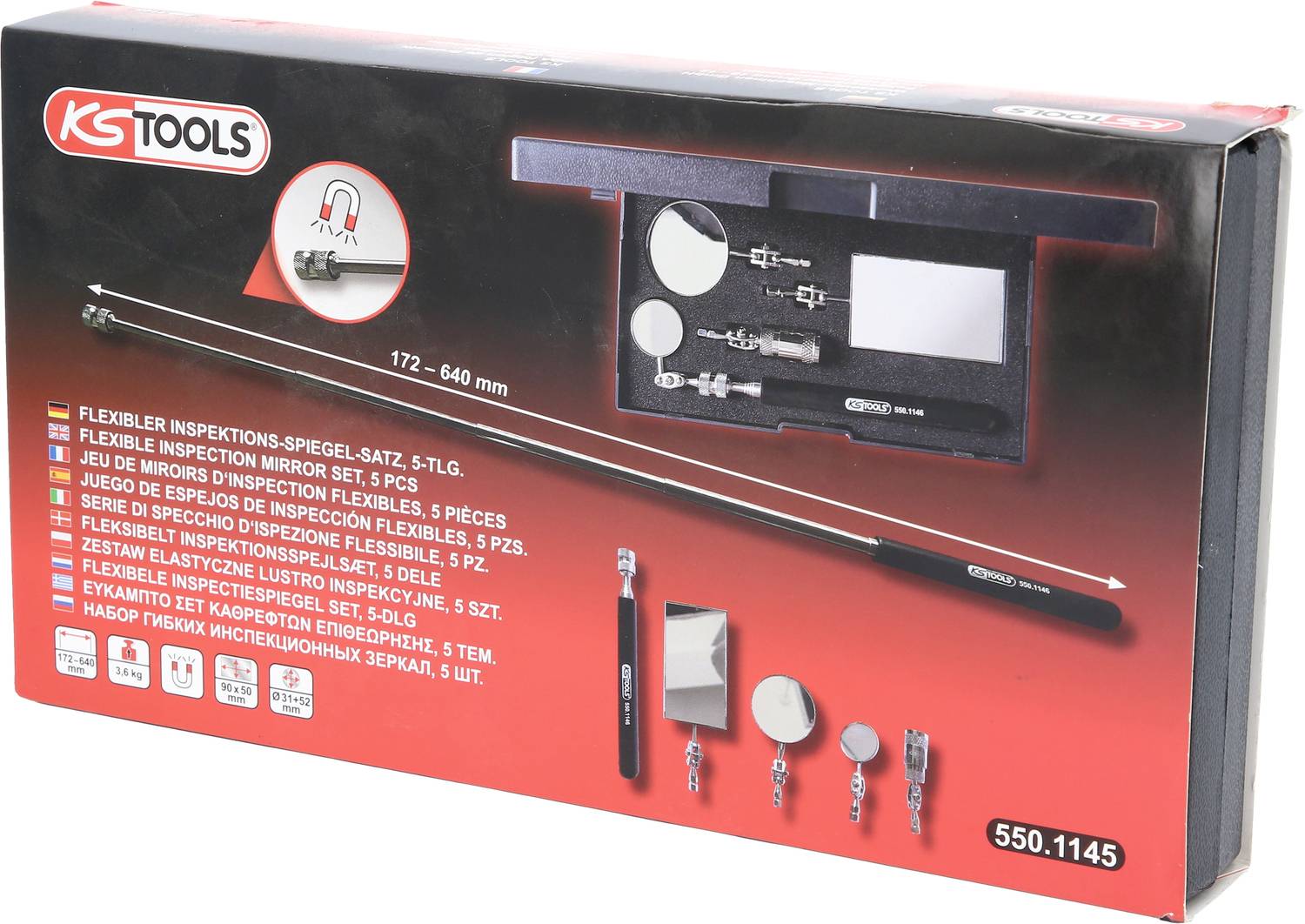 'KS Tools Inspektions-Spiegel-Satz, 5-teilig.' Zeigt Spiegel in verschiedenen Größen und Ausführungen im Set. Verpackung zeigt Details.