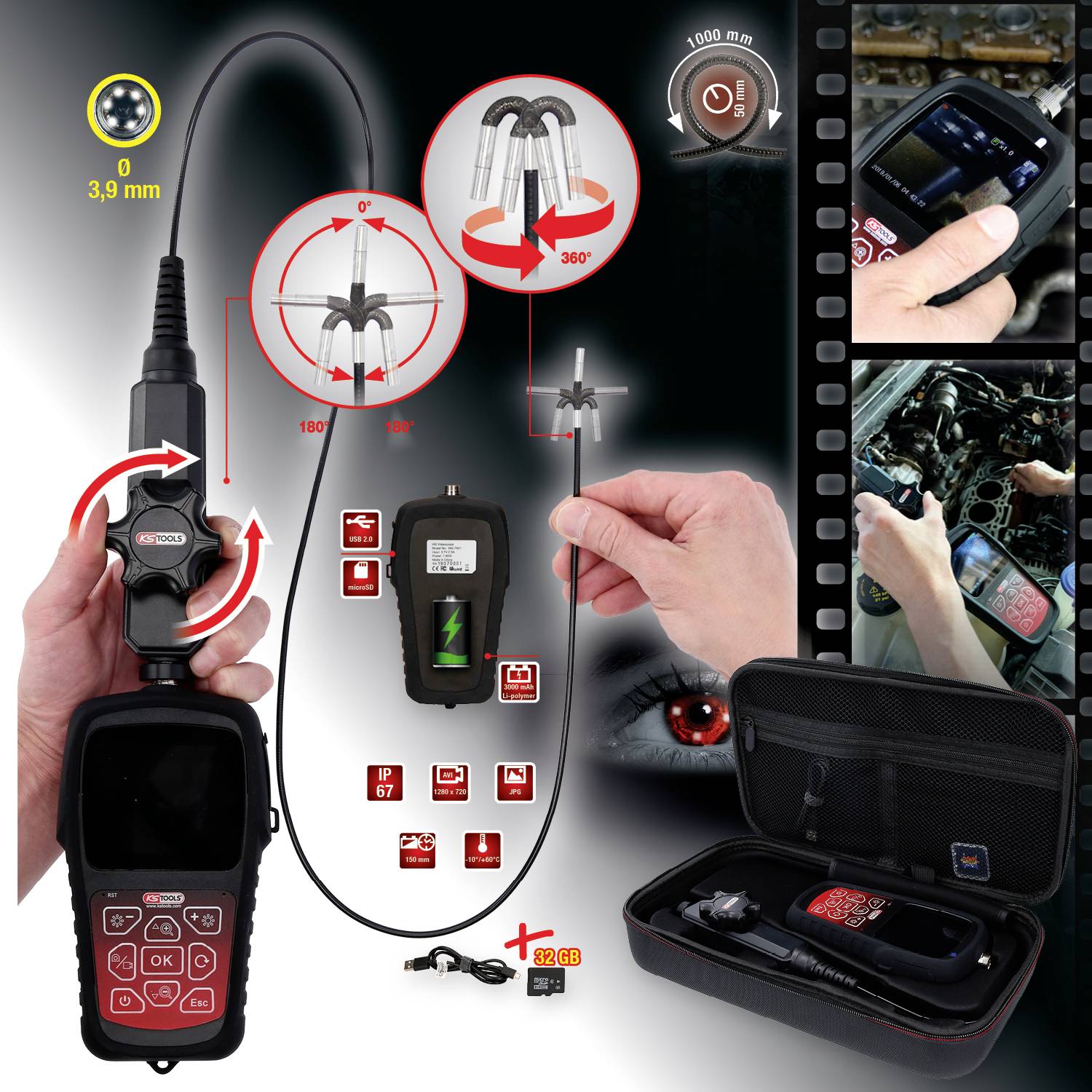 Endoskopkamera mit flexiblem, 1 m langem Kabel und 3,9 mm Sonde. Zeigt Nahansicht von Steckern und Zubehör. Ideal für Autoinspektionen.