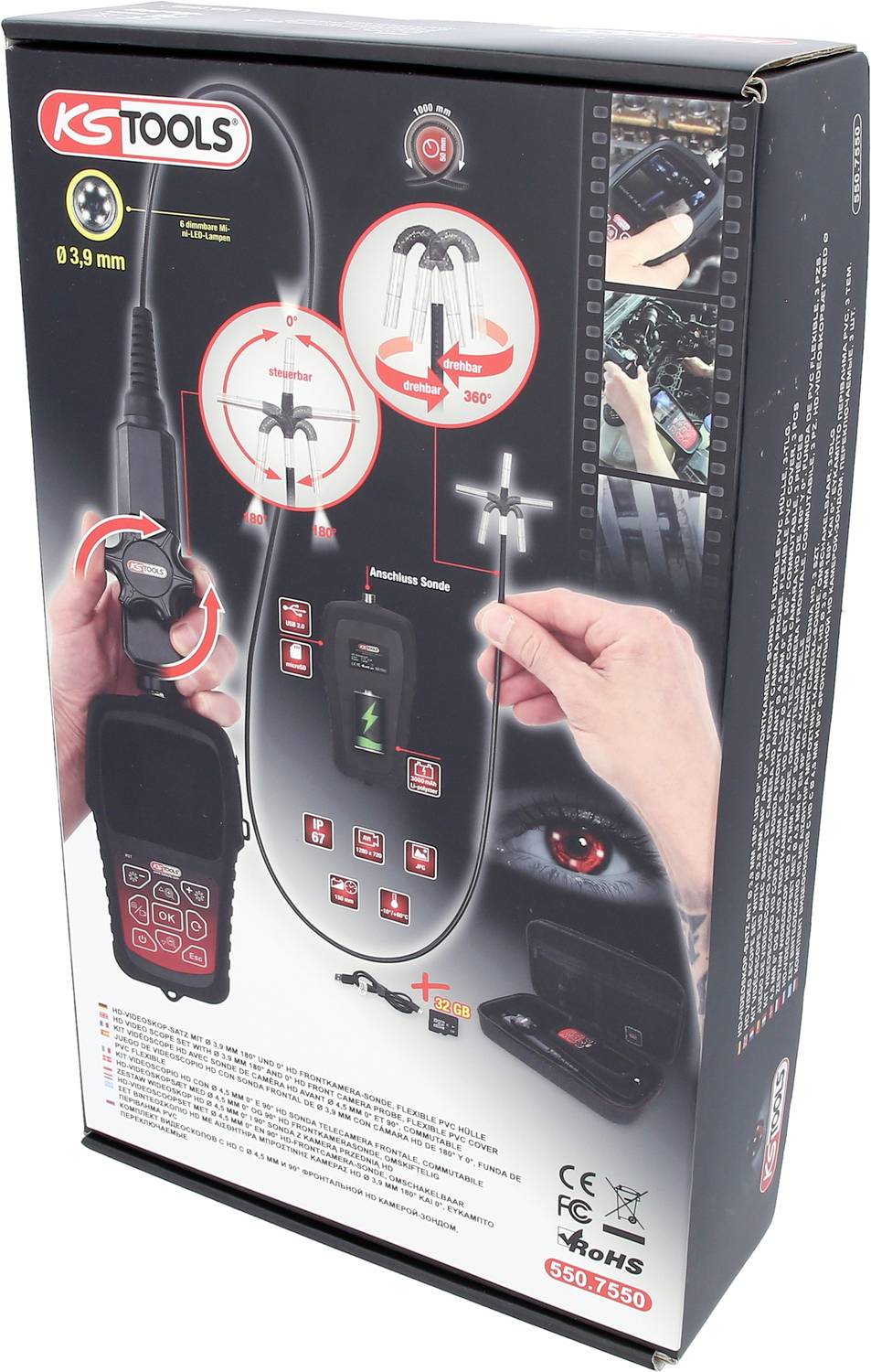 Endoskop-Kamera-Set von KS Tools mit 8,9 mm Kamerakopf, USB-Kabel und Zubehör. Geeignet zur Inspektion von schwer zugänglichen Bereichen.