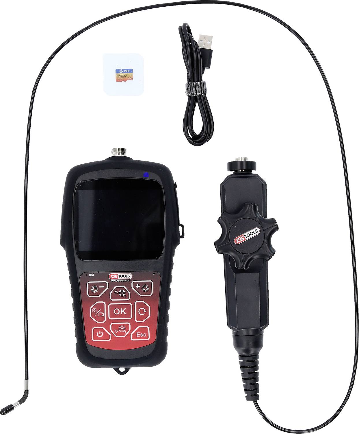 Endoskopkamera mit flexiblem Kabel, großem Bildschirm und Tasten für einfache Bedienung. USB-Kabel und MicroSD-Karte inklusive.