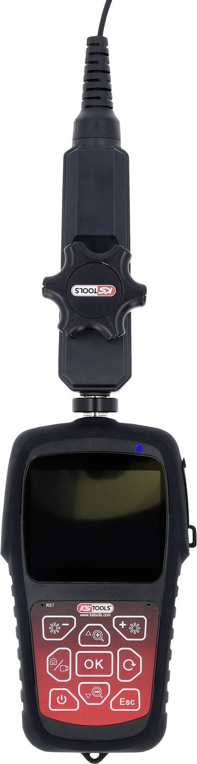 Ein Fahrzeugdiagnosegerät mit Display und Tasten zur Datenanalyse, verbunden mit einem Kabel für die Fahrzeugwartung.