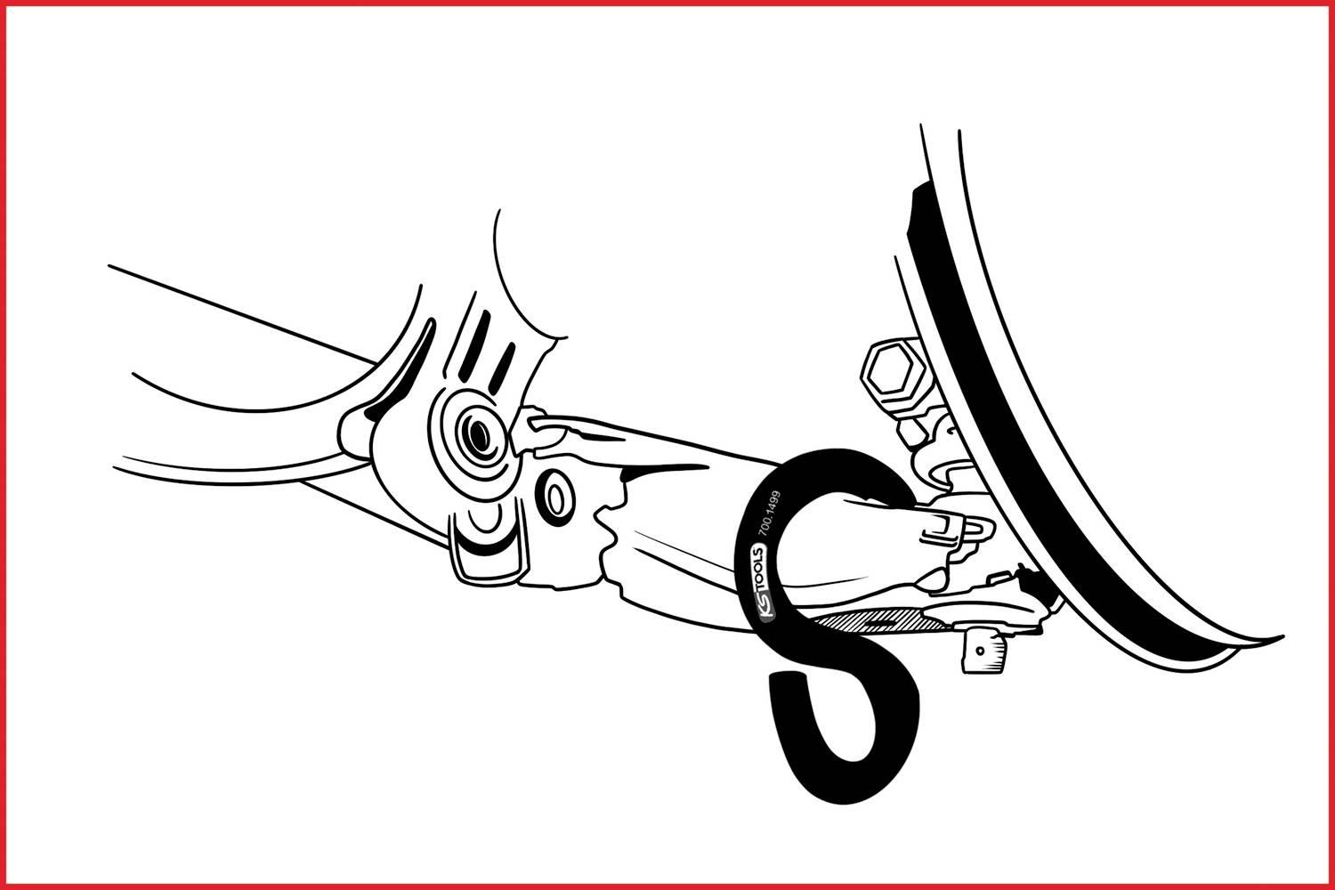 Illustration eines Bremsmechanismus mit markierten Komponenten. Zeigt die Position des Kabels und der Bremsbeläge an einer Felge.