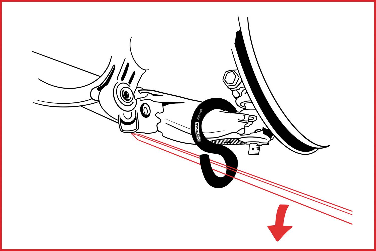 Diagramm eines Fahrradsattels mit markierter Sattelklemme, rotem richtungsweisendem Pfeil und roter Linie zur Sattelstütze.
