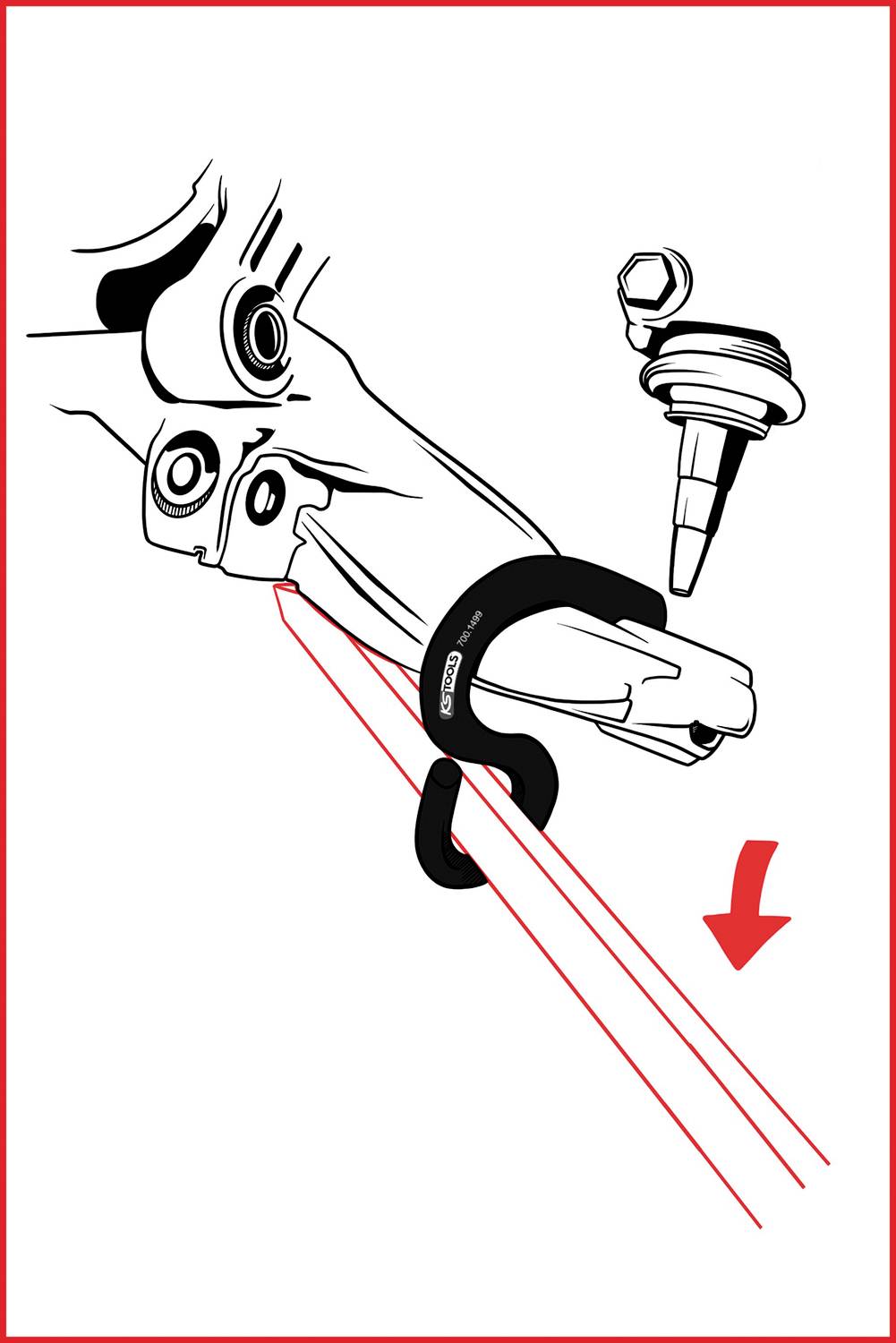 Illustration eines Radverschlusses mit Sicherungsmechanismus. Gezeigt werden Bestandteile und Richtung für korrekte Montage.