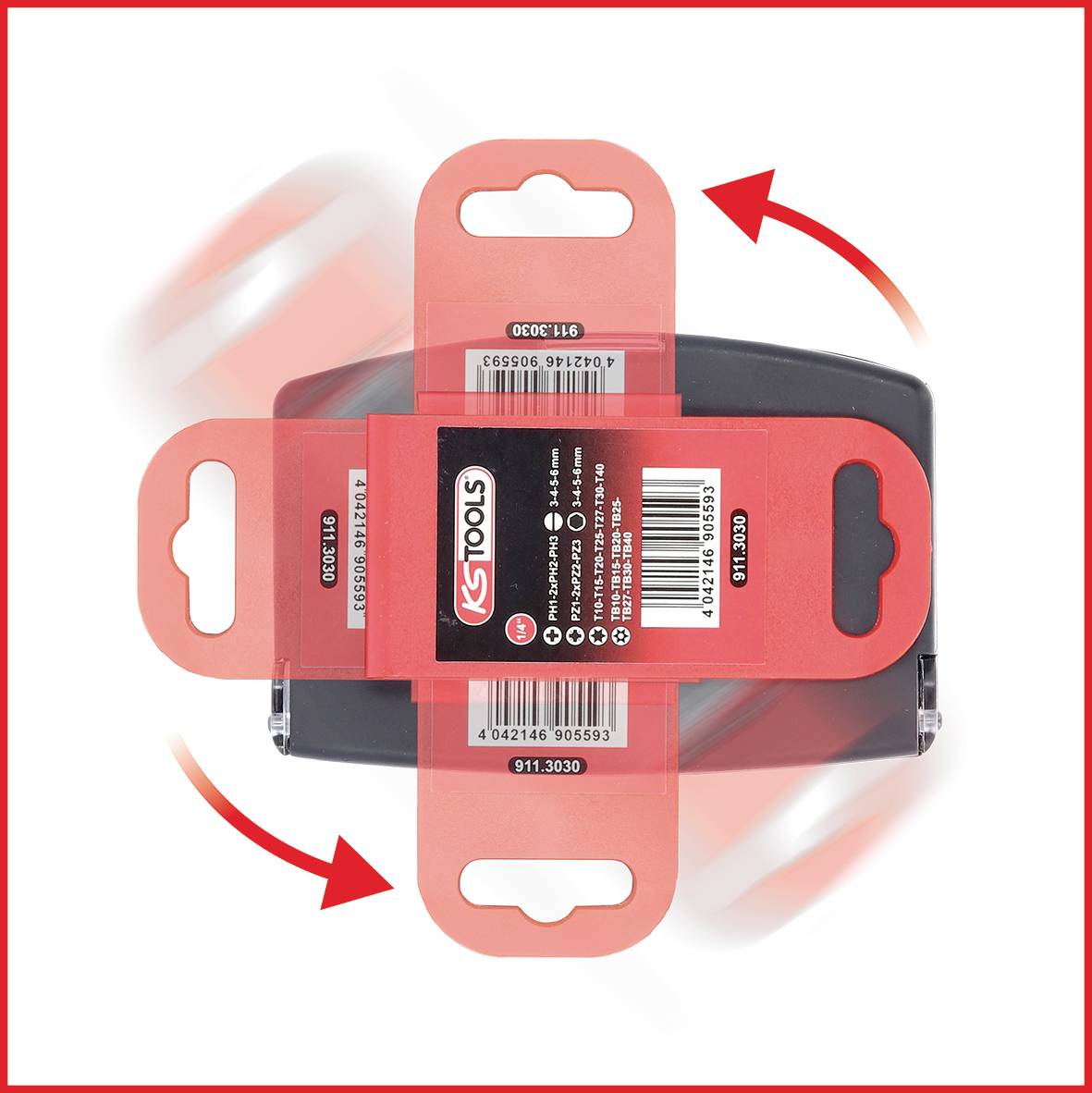 'KS Tools' Produktverpackung mit Strichcode. Zwei rote Pfeile zeigen die Drehbarkeit der Verpackung an.