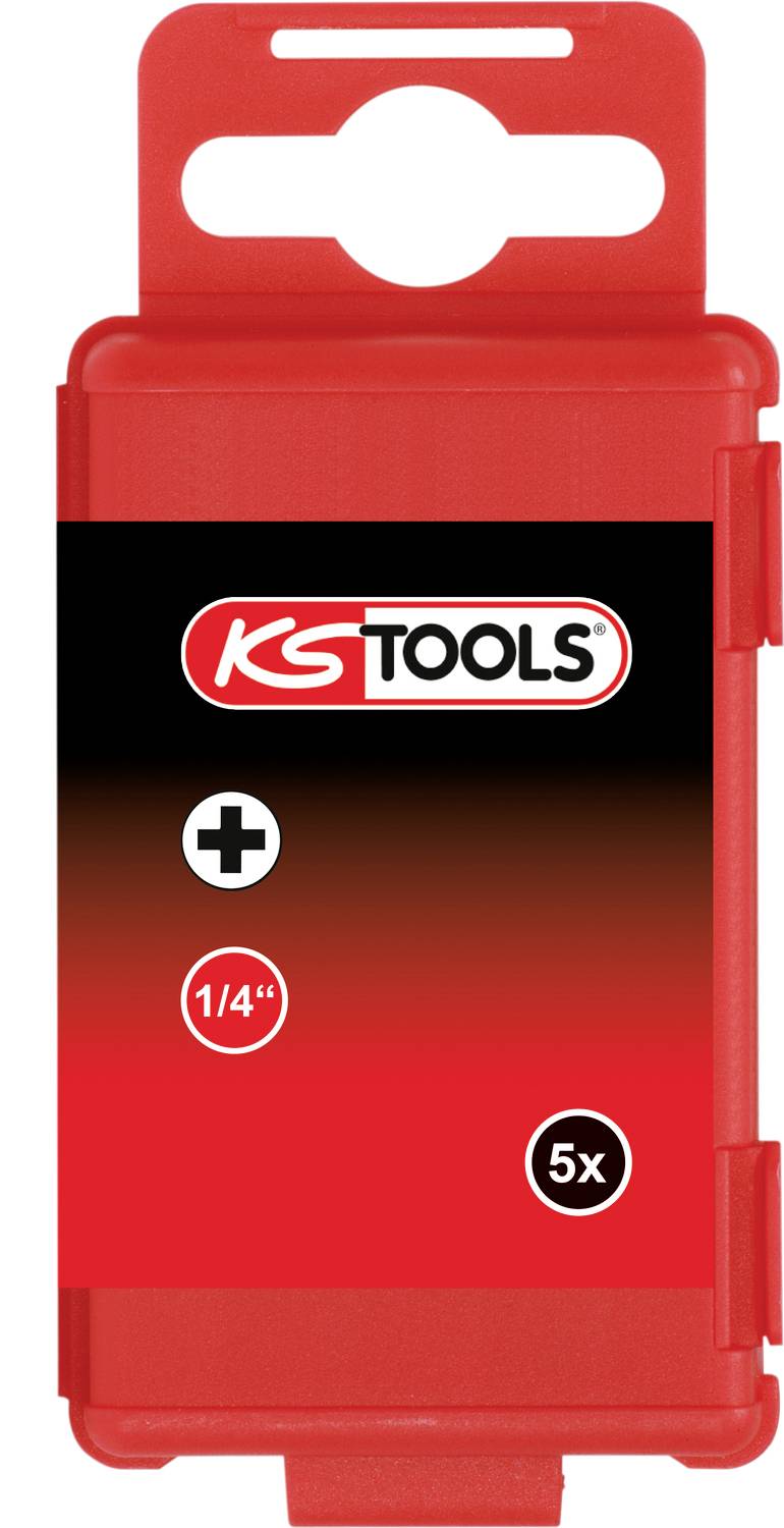 Rote Verpackung mit Logo 'KS TOOLS', symbolisiert Plus und 1/4 Zoll. Beinhaltet 5 Werkzeuge.