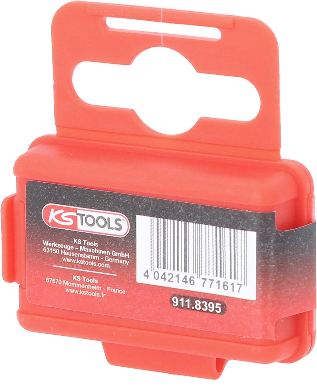Rote Kunststoff-Klammer von KS Tools mit Produktkennzeichnung und Strichcode, verwendet zum Fixieren oder Organisieren von Werkzeugen.