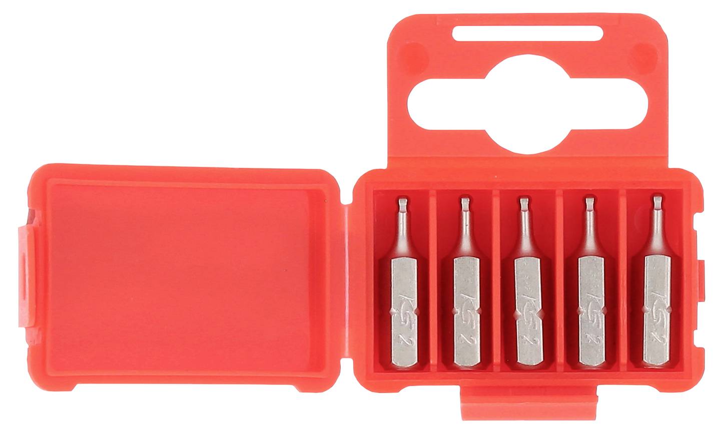 Ein rotes Etui mit geöffnetem Deckel enthält fünf metallene Bohrköpfe in zwei Größen in separaten Fächern.
