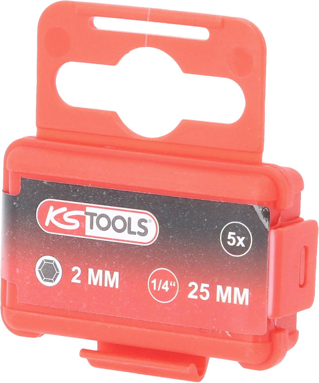 Ein rotes Kunststoffetui von 'KS Tools', geeignet für Werkzeugaufbewahrung. Enthält 5 Einsätze mit 2 MM und 1/4 Zoll, 25 MM lang.