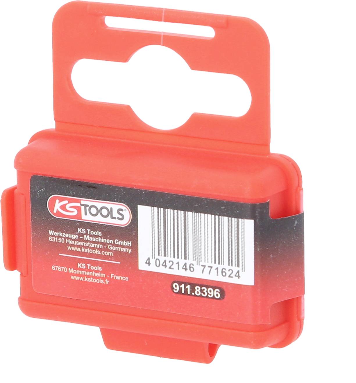 Rotes KS Tools Werkzeugetikett mit Barcode und Produktnummer 911.8396, Firmenname und Adresse in Deutschland und Frankreich.