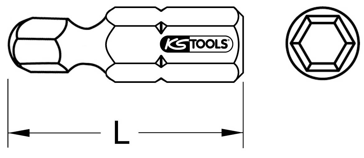 Abbildung eines Schraubendrehers mit Sechskantkopf und 'KS Tools'-Logo. Links ist die Länge mit 'L' markiert.