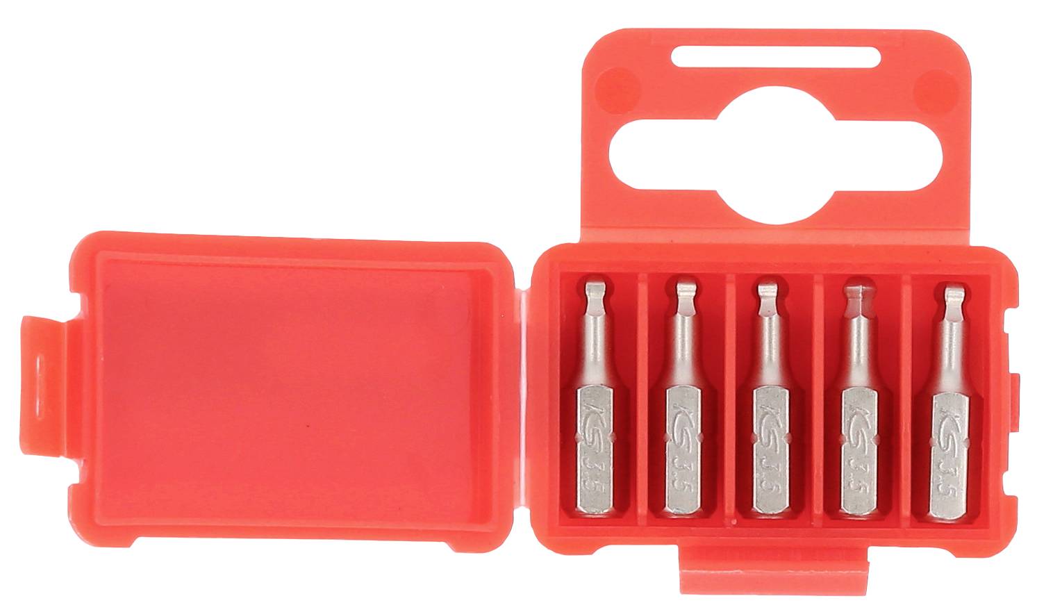 Rotes Etui mit fünf verschiedenen Schraubenbits, ordentlich nebeneinander angeordnet, geeignet für verschiedene Schraubenarten.