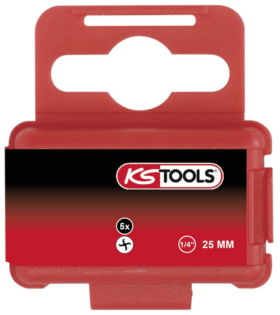 Roter Werkzeugbehälter mit 'KS Tools'-Logo, beschriftet mit 5x Schraubendreher, 1/4 Zoll, 25 mm.