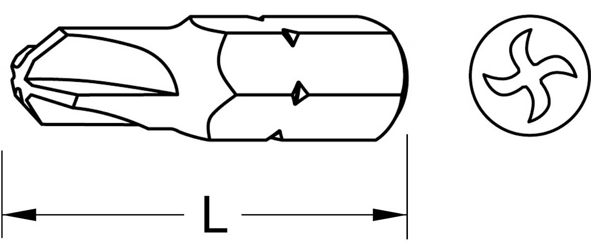 Abbildung eines Tri-Wing Bits mit der Kennzeichnung der Länge L. Die Stirnansicht zeigt ein dreiflügeliges Design.