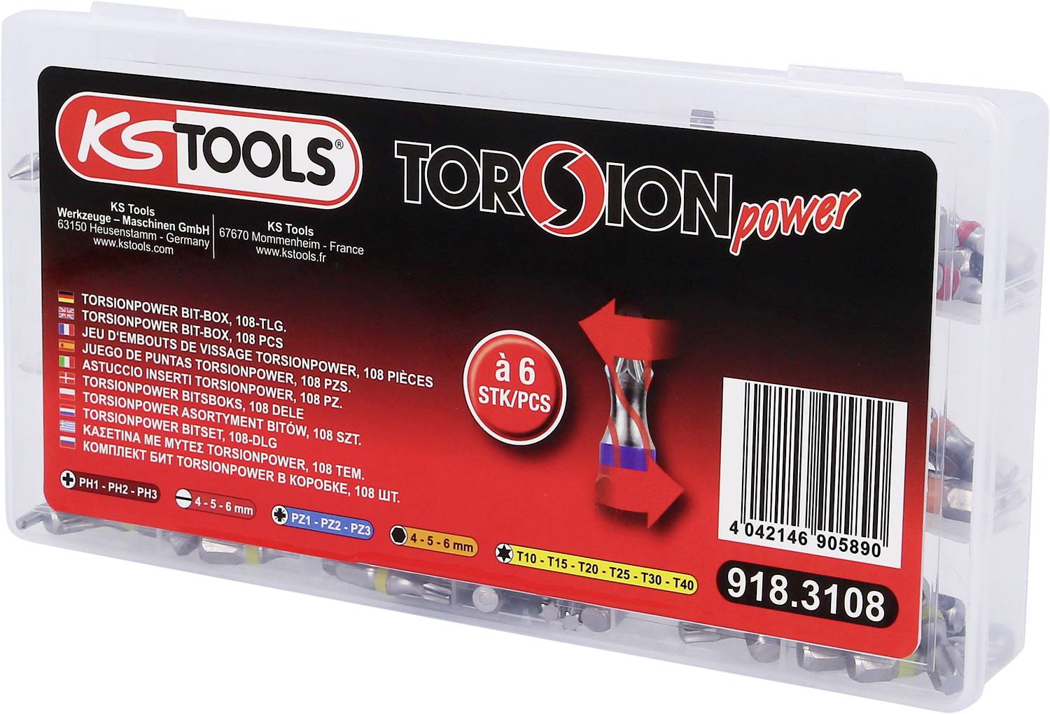 KS Tools Torsionpower Bit-Satz, 108-tlg in Kunststoffbox. Enthält verschiedene Bits für Schraubarbeiten. Artikelnummer 918.3108.
