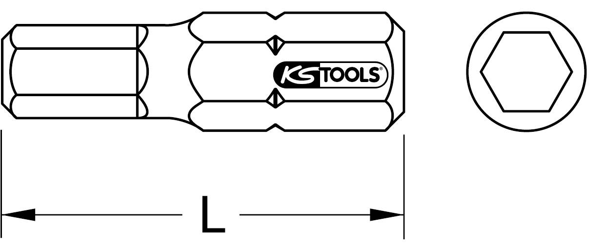 'KS Tools' Steckschlüssel mit hexagonalem Ende, Längenangabe durch Pfeile dargestellt. Prägung des Logos seitlich sichtbar.