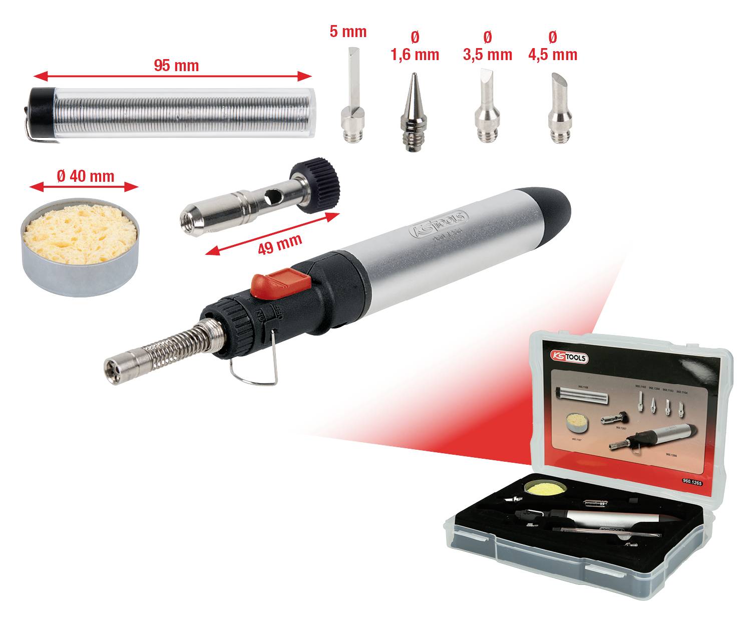 Gaslötkolben-Set mit verschiedenen Aufsätzen, 95 mm langer Kolben, Kaliber von 1,6 mm bis 4,5 mm, inkl. Aufbewahrungskoffer.