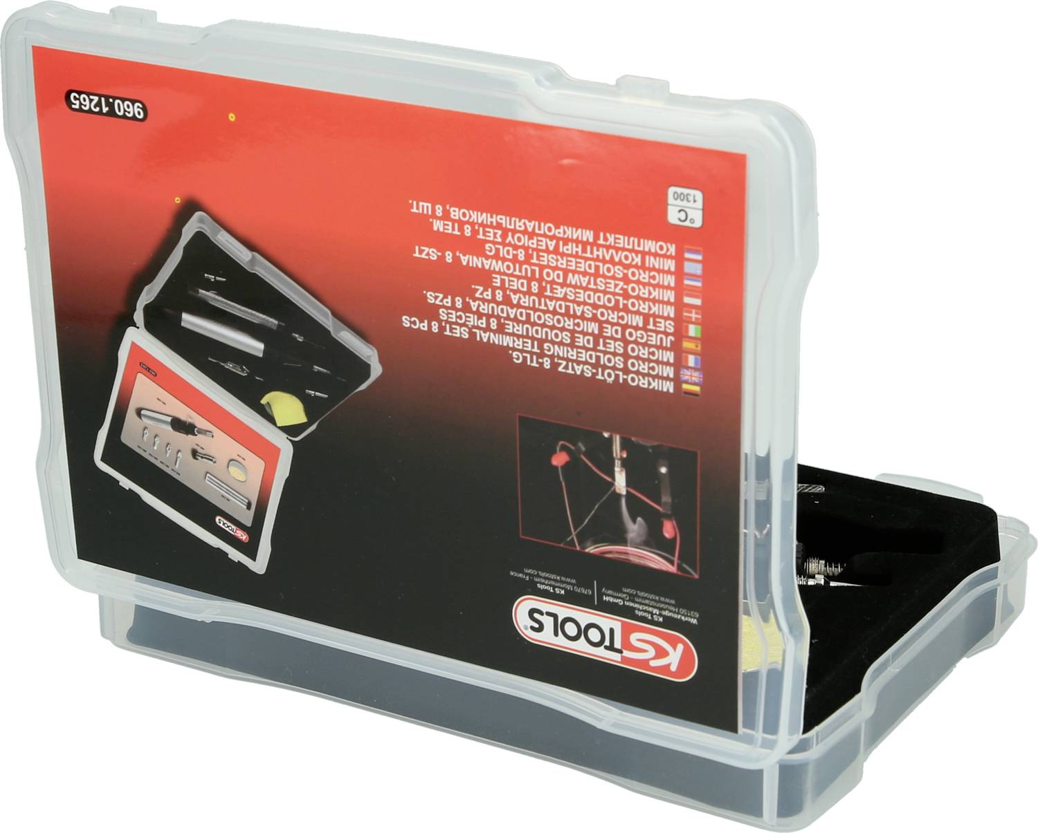 Ein transparenter Kunststoffkoffer mit einem Werkzeugset, enthalten sind verschiedene Mikroschraubendreher und Zubehör, abgebildet auf der Verpackung.