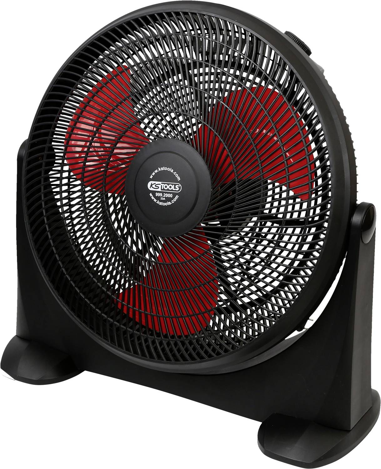 Schwarzer Tischventilator mit drei roten Flügeln, stehend auf einem breiten Sockel. Ideal für Innenräume zur Abkühlung.