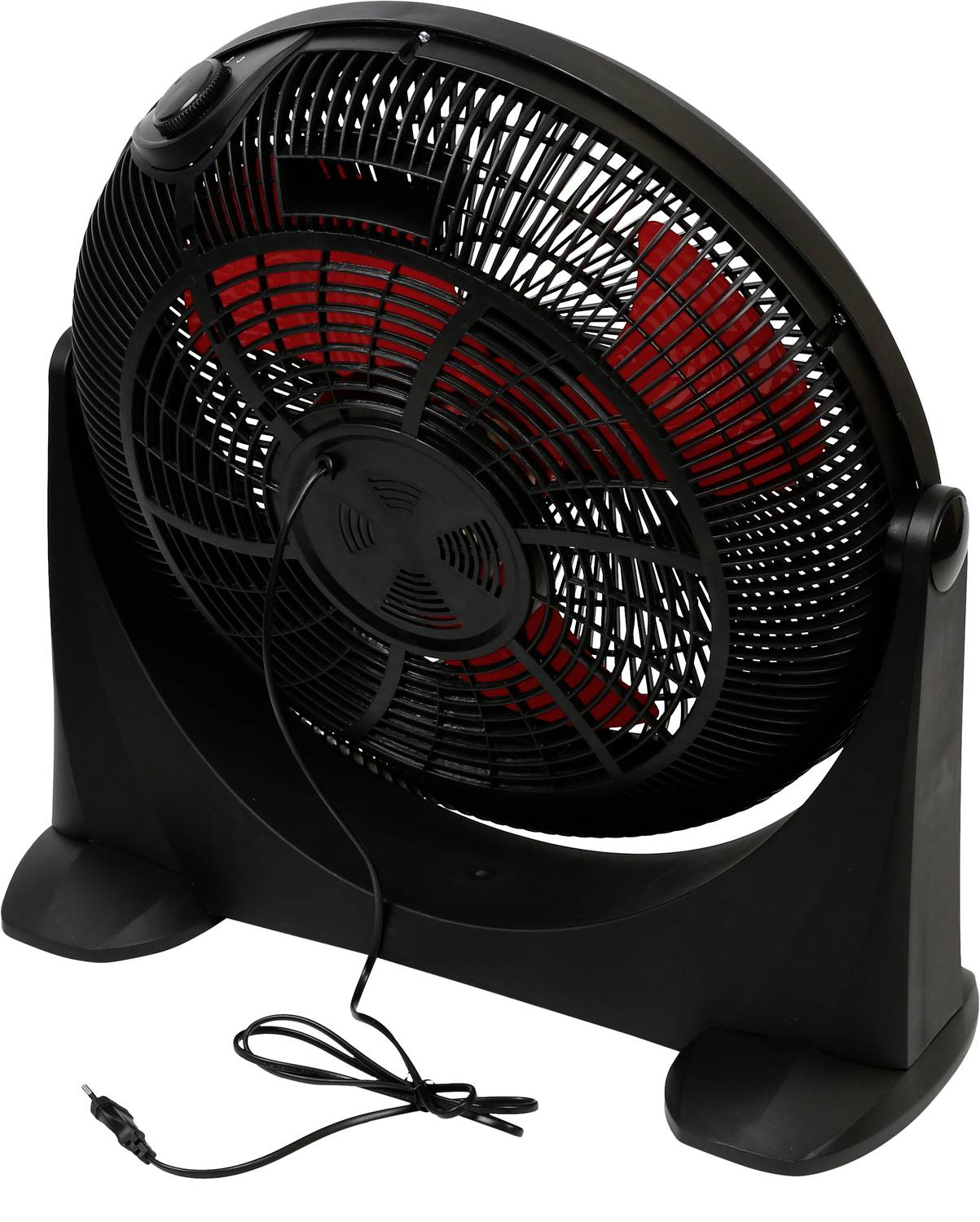 Ein schwarzer Tischventilator mit einem Gitter, das rote Rotorblätter umgibt. Ein Netzkabel mit Stecker ist sichtbar.