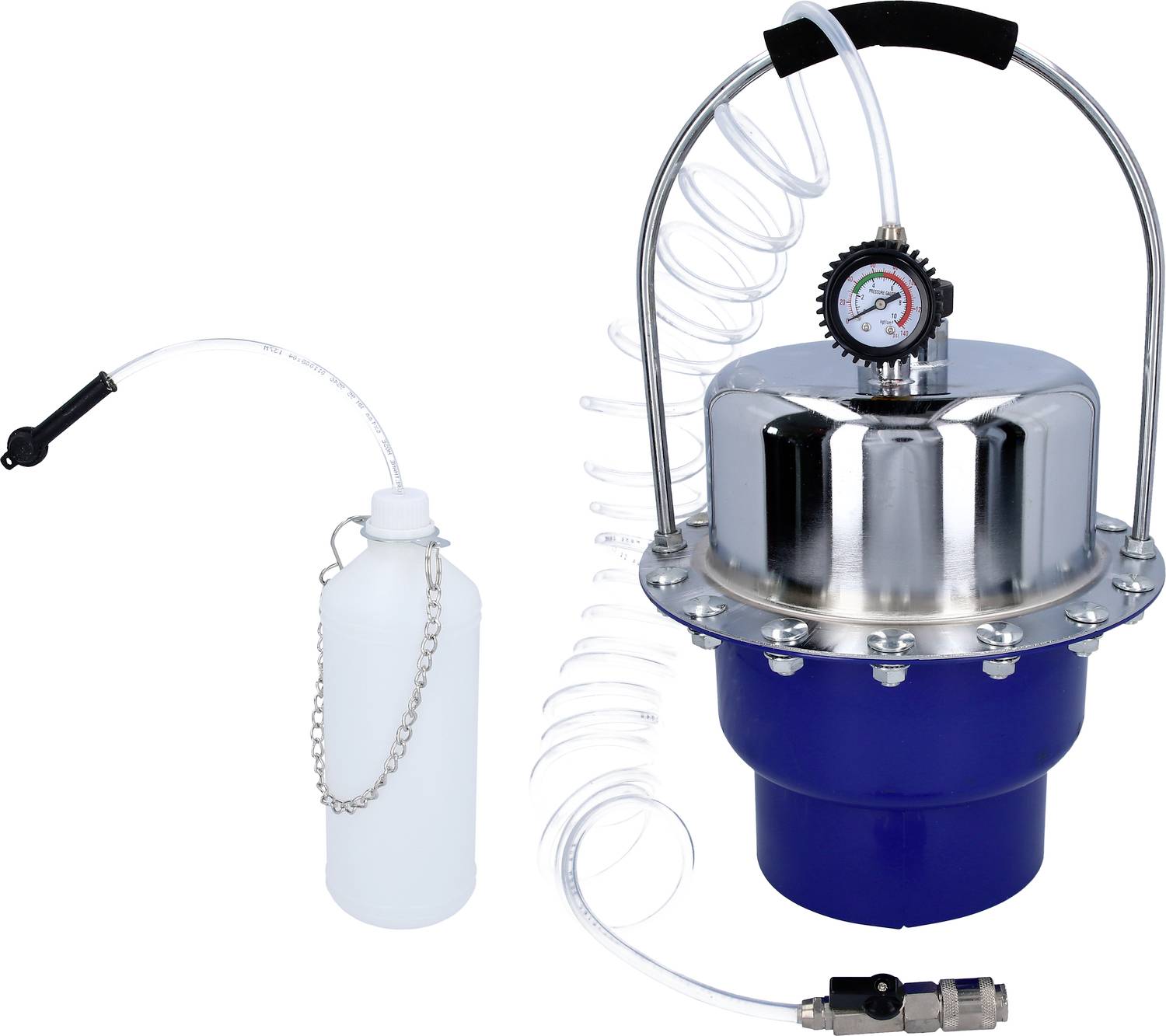 Ein Druckentlüftungsgerät mit Manometer zur Bremsflüssigkeitsentlüftung, daneben eine weiße Flasche mit Schlauch und Verschluss.