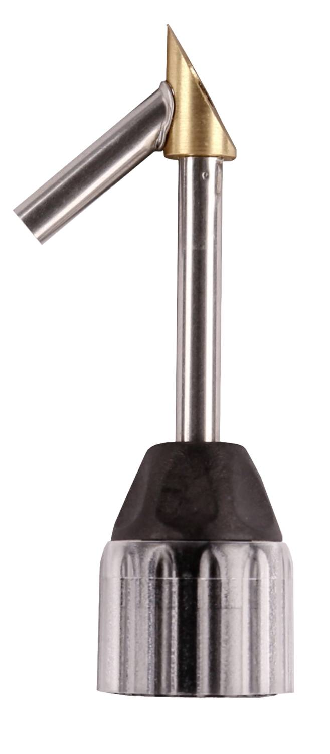 Ein dentaler Bohreraufsatz mit einem gebogenen Metallarm und einer goldenen Spitze vor weißem Hintergrund.