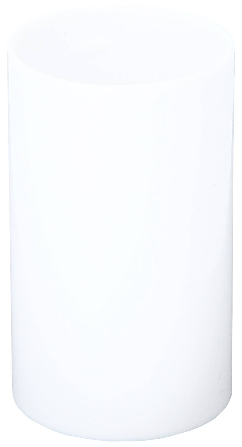 Ein weißer, zylindrischer Gegenstand, vermutlich eine Kerze oder ein Behälter, vor einem neutralen Hintergrund.