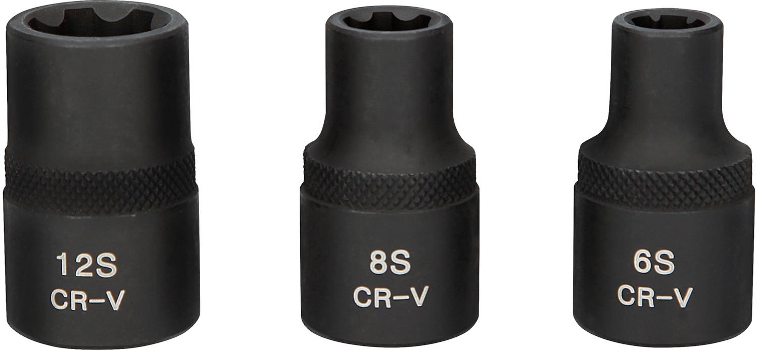 Drei schwarze Schraubenschlüsselaufsätze in verschiedenen Größen, beschriftet mit 12S, 8S und 6S CR-V.