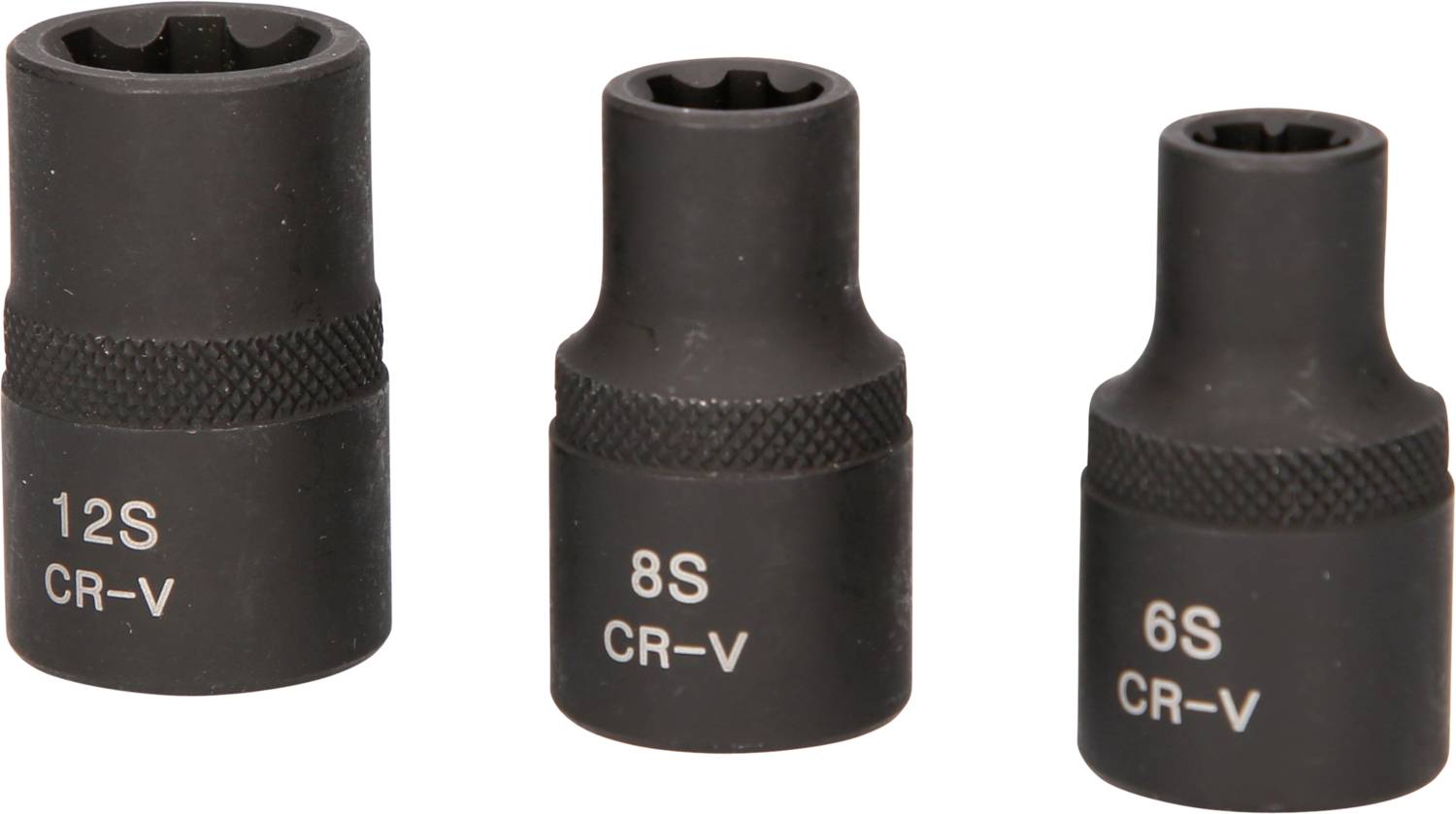 Drei schwarze Steckschlüssel in verschiedenen Größen nebeneinander, beschriftet mit '12S', '8S' und '6S', aus CR-V-Stahl.