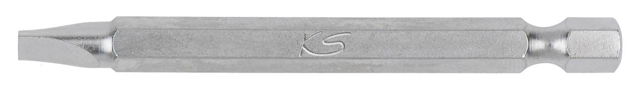 Doppelendiger Schraubendreheraufsatz aus Metall mit abwechselnden flachen und sechseckigen Teilen, mittig mit einem Logo geprägt.