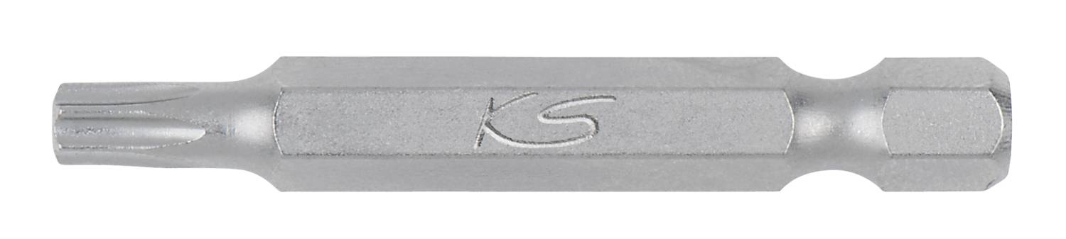 Metallischer Schraubendrehereinsatz mit Sechskant-Anschluss und länglichem Torx-Profil, geprägt mit dem Logo 'KS'.