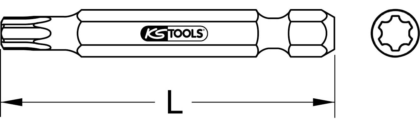 'Sechskant-Außen-Torx-Bit L100' mit KS Tools Logo, zeigt Querschnitt und Länge des Bits.