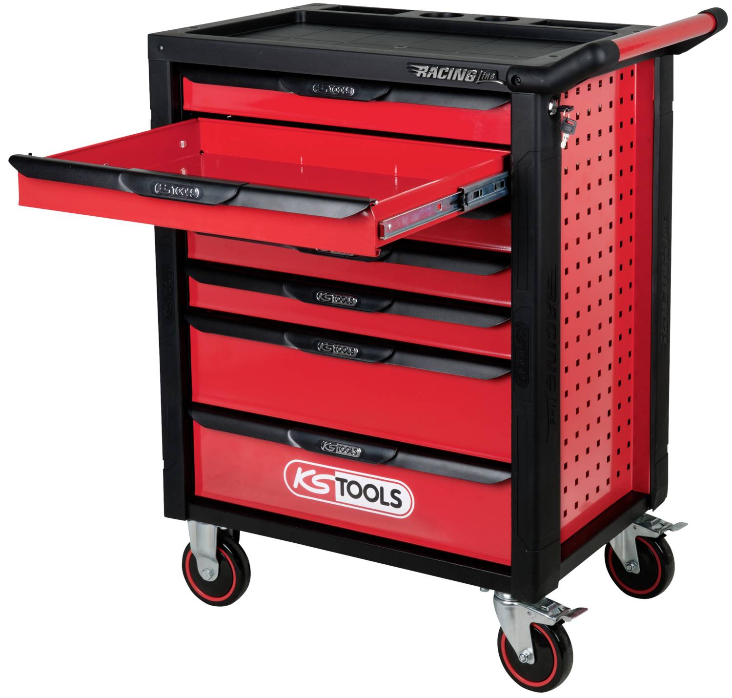 Roter Werkzeugwagen mit fünf Schubladen und herausgezogenem oberen Fach, auf Rollen, mit dem Logo von KS Tools.