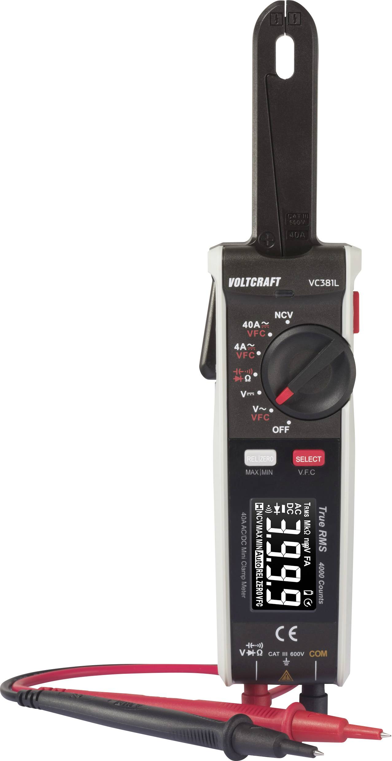 Digitales Multimeter mit Anzeige und Drehschalter, zum Messen elektrischer Größen; rote und schwarze Messleitungen angeschlossen.