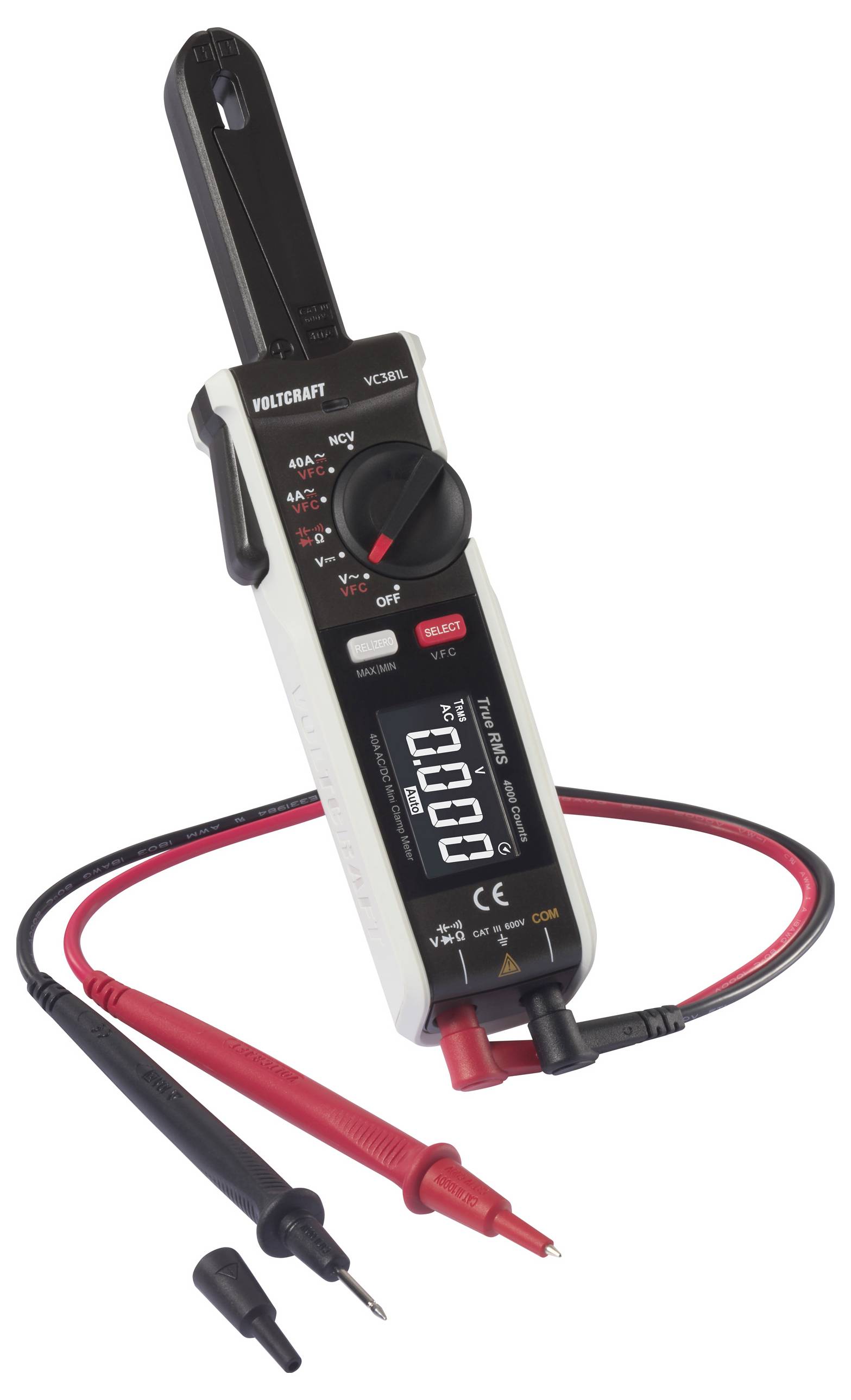 Multimeter mit schwarzem und rotem Messkabel. Der Drehschalter ist auf 'OFF' eingestellt. Anzeige zeigt '0000'. Gerät steht aufrecht.