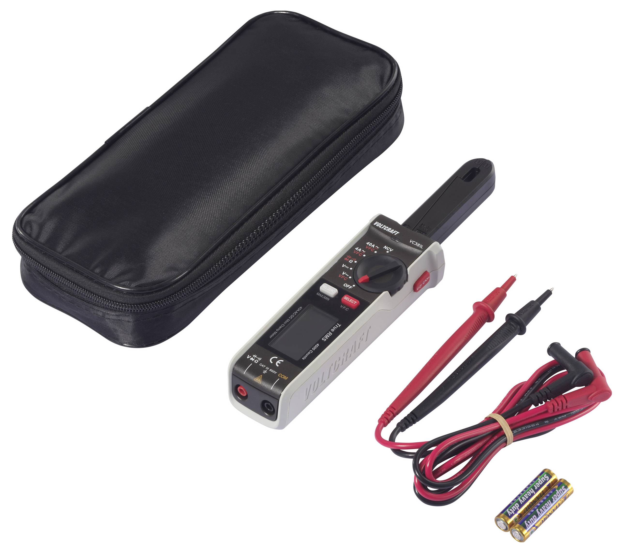 Ein digitales Multimeter mit Messleitungen, zwei AA-Batterien und einer schwarzen Tragetasche.