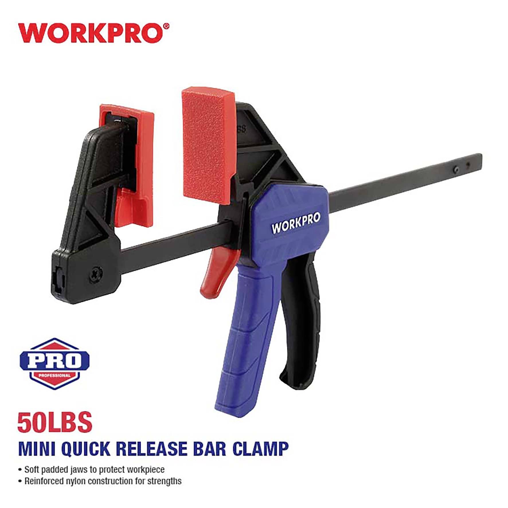 Eine Werkbankklemme von Workpro mit blauem Griff und roten Backen, die weich gepolstert sind. Text: '50LBS Mini Quick Release Bar Clamp'.
