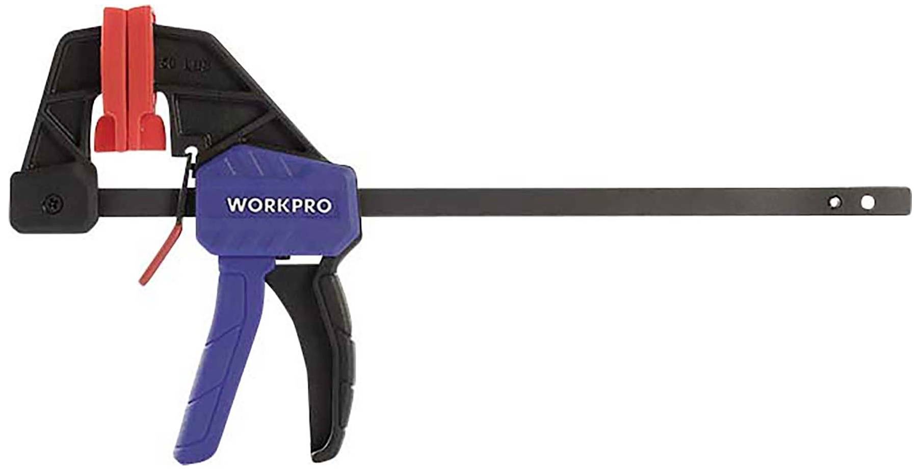 Eine Einhandzwinge von WORKPRO mit schwarzem Metallarm, rotem und blauem Plastikgriff, ideal zum Klemmen und Fixieren von Werkstücken.