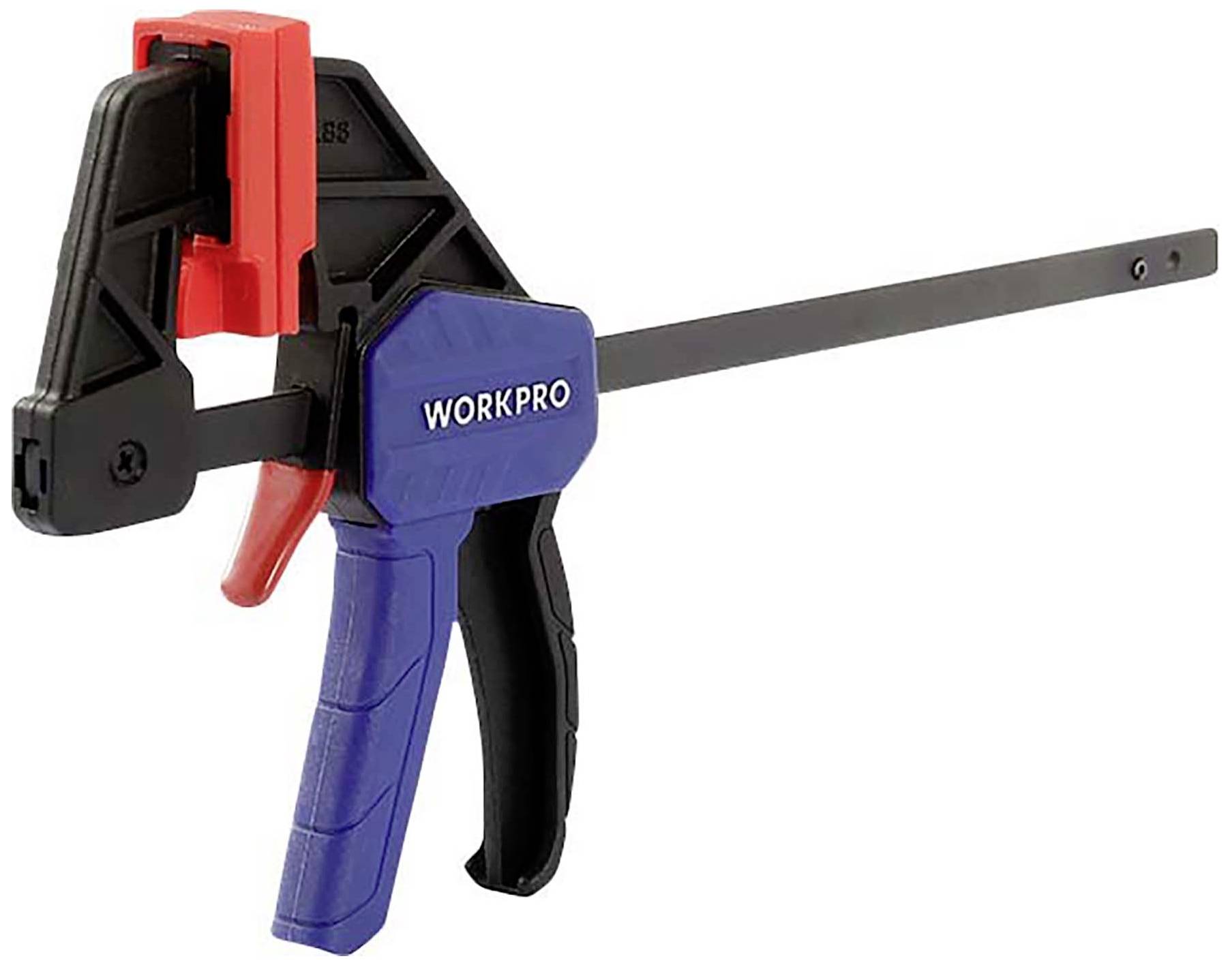 Eine Schraubzwinge mit rot-schwarzem Griff und einer blauen Fläche, auf der 'WORKPRO' steht, vor einem weißen Hintergrund.