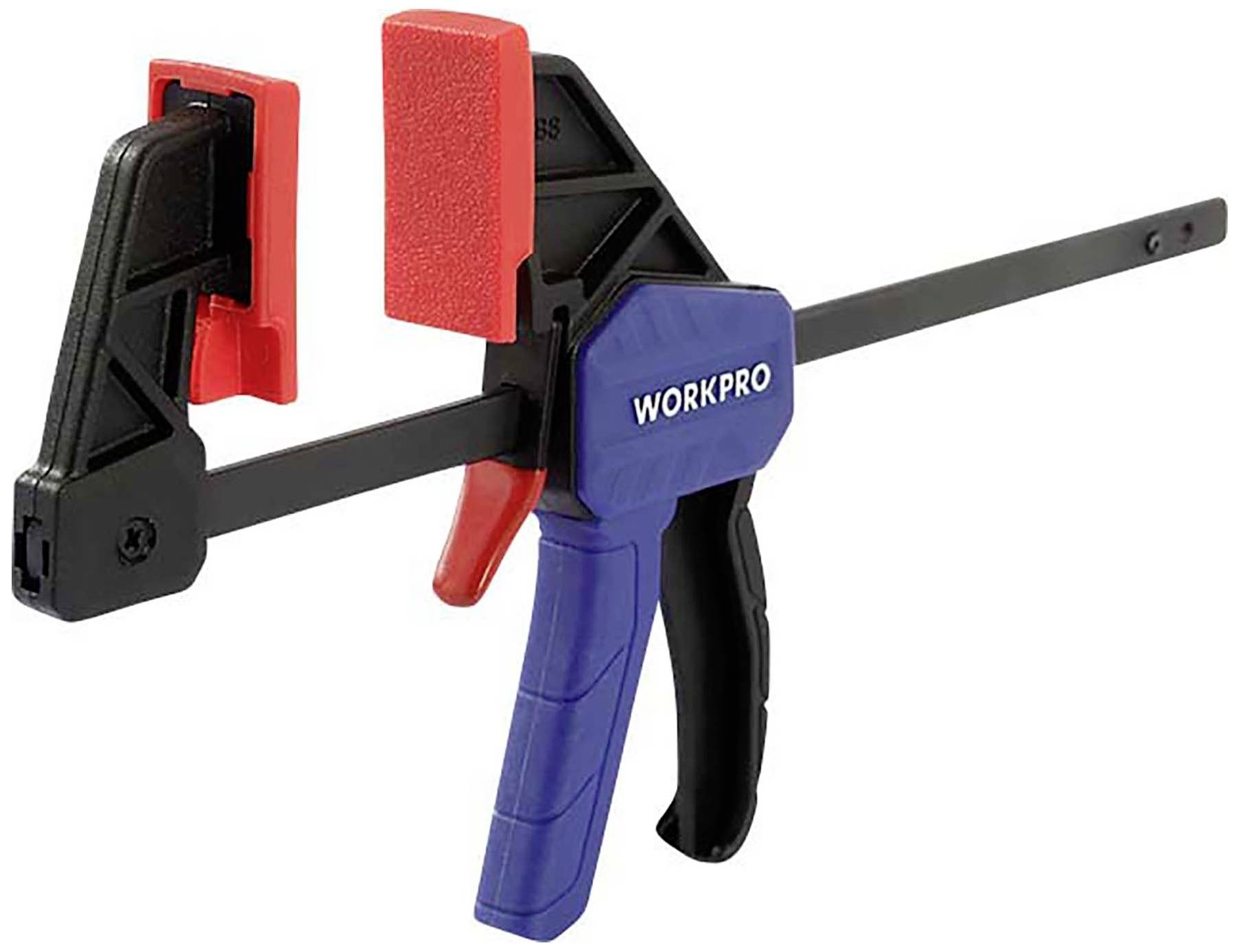 Eine schwarze und blaue Schnellspannzwinge mit rotem Griff der Marke WorkPro, geeignet für Holzarbeiten und Bastelprojekte.