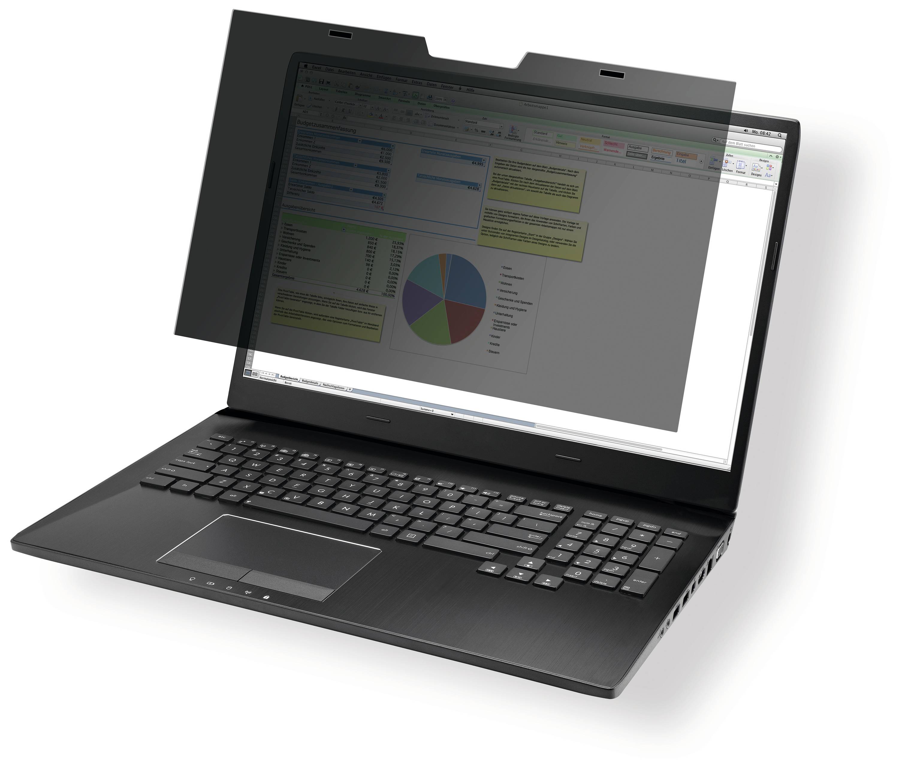 Ein Laptop mit Datenschutzfilter; der Bildschirm zeigt Diagramme und Tabellen, die durch den Filter teilweise verdeckt sind.