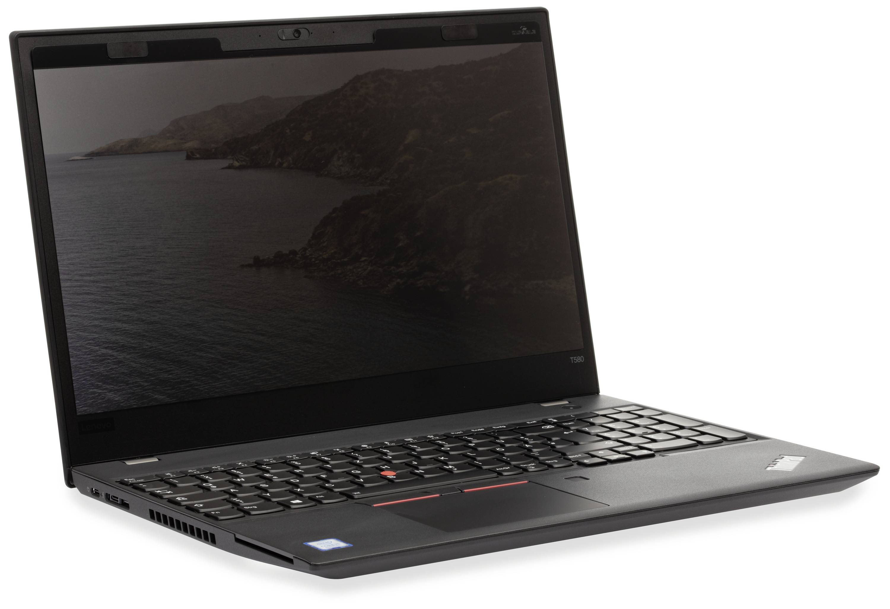 Ein schwarzer Laptop mit geöffneter Anzeige. Er zeigt eine Landschaft auf dem Bildschirm. Die Tastatur und das Touchpad sind sichtbar.