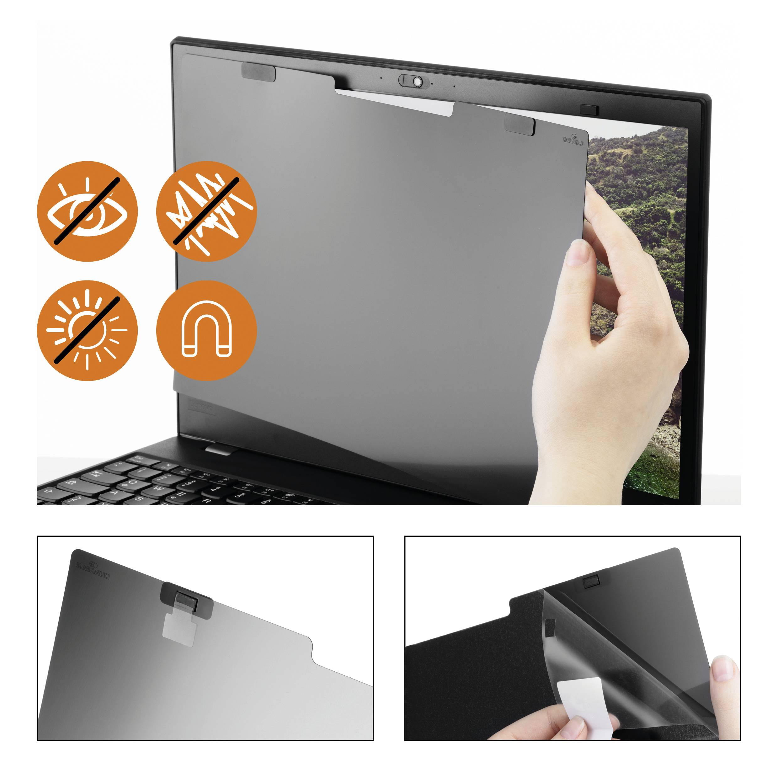 Ein Laptopbildschirm wird mit einer Sichtschutzfolie abgedeckt. Symbole zeigen, dass sie vor Blicken, Blendung und Kratzern schützt.