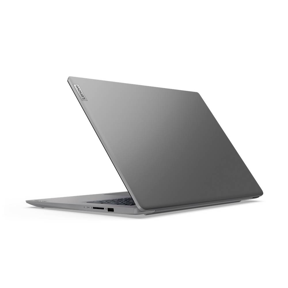 Ein silbergrauer, teilweise geöffneter Laptop ist von der Seite zu sehen. Auf der Rückseite ist das Lenovo-Logo erkennbar.