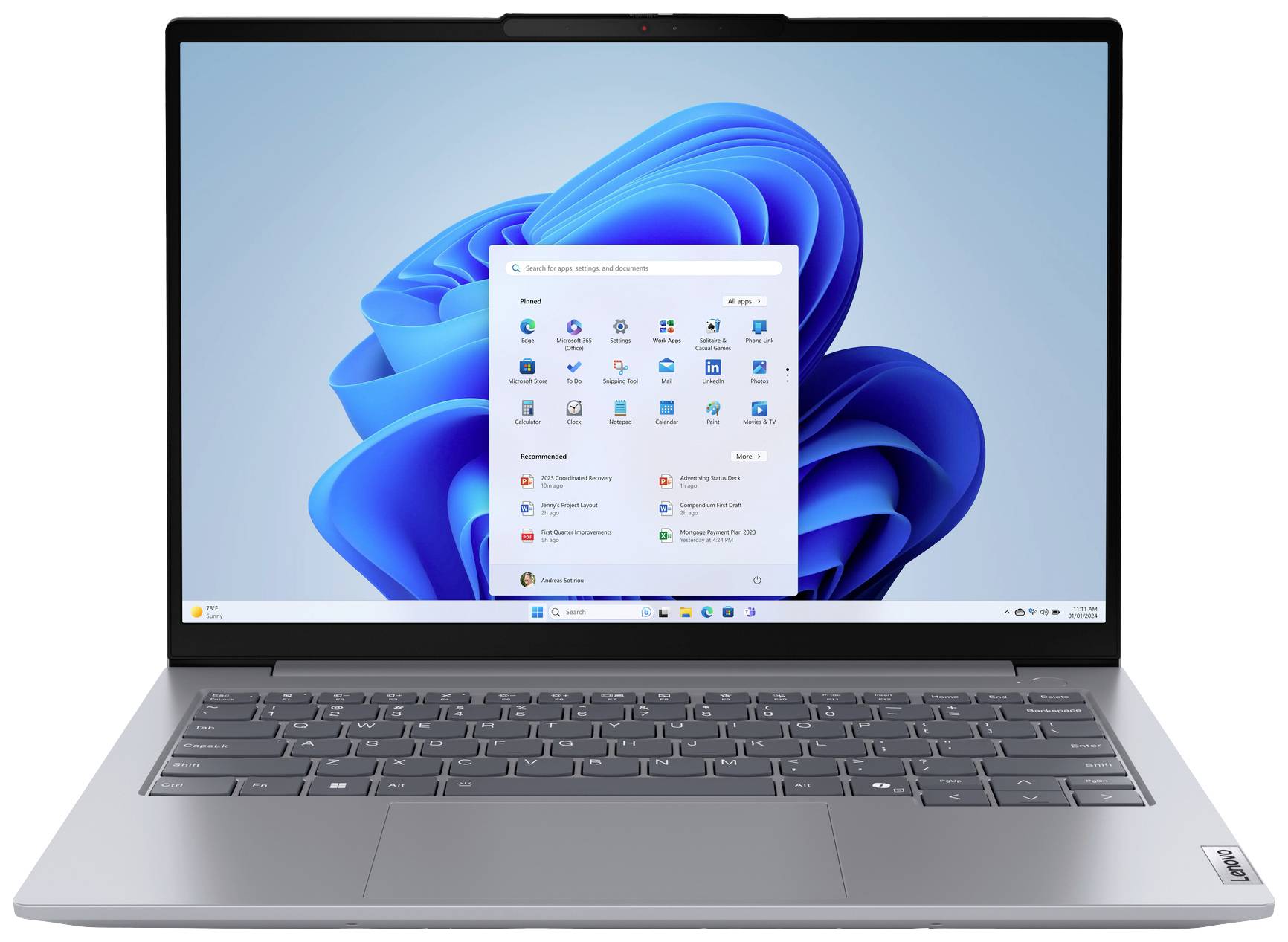 Ein Laptop mit einem geöffneten Startmenü, das Anwendungen und Einstellungen zeigt, vor einem blauen Hintergrund.